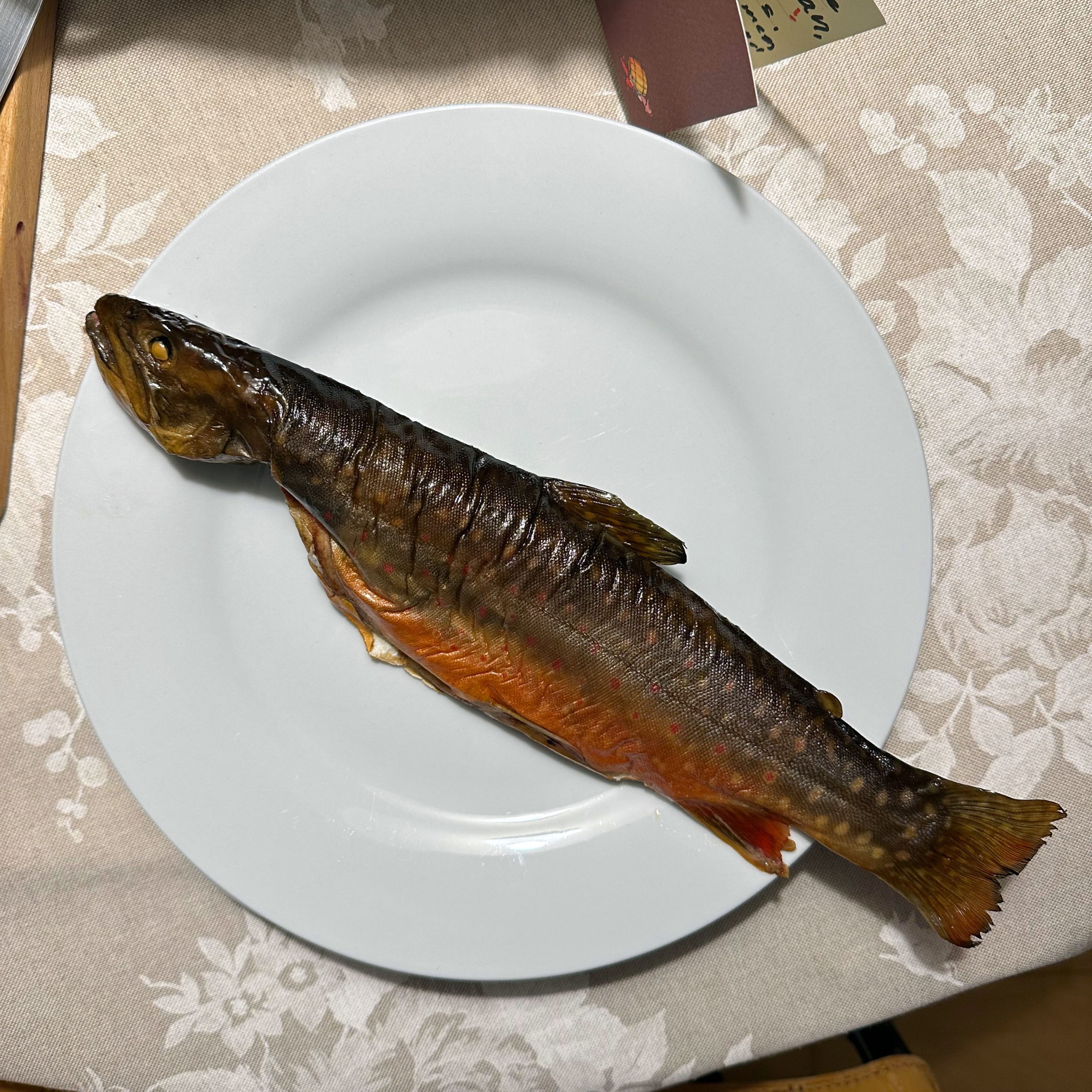 Ein ganzer geräucherter Saibling mit goldbrauner Haut und orangefarbenem Bauch auf einem weißen Teller, serviert auf einer beige-weiß gemusterten Tischdecke.