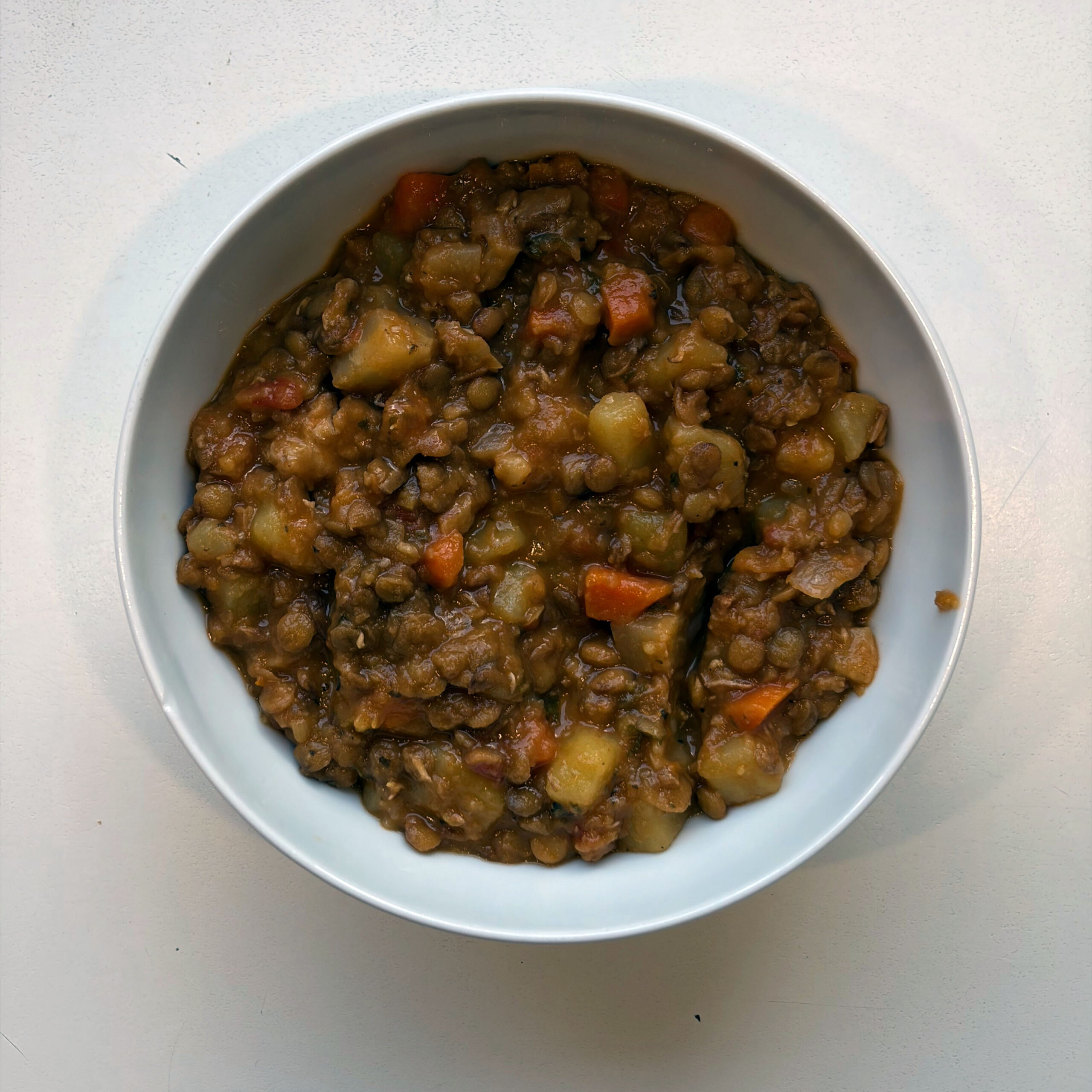 Herzhafter Linseneintopf mit Gemüsestücken (Kartoffeln, Karotten, Tomaten) in einem weißen tiefen Teller, Draufsicht.